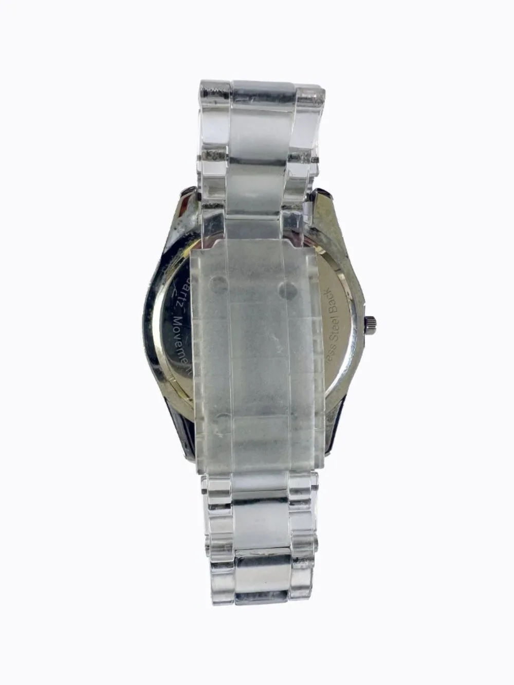 Vtg Speidel Y2K Clear Crystal Watch Silver Oversized Dial Translucent Band Retro